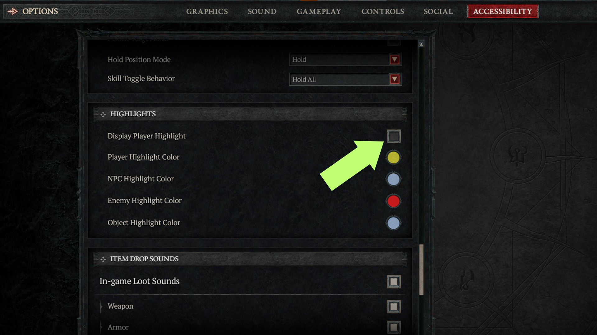 A screenshot showing where to select the Display Player Highlight Option in Diablo 4