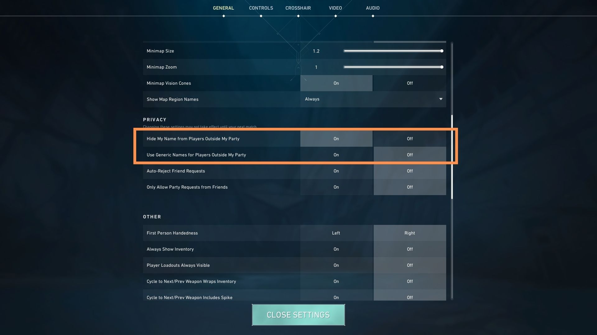 A screenshot of the settings screen in valorant