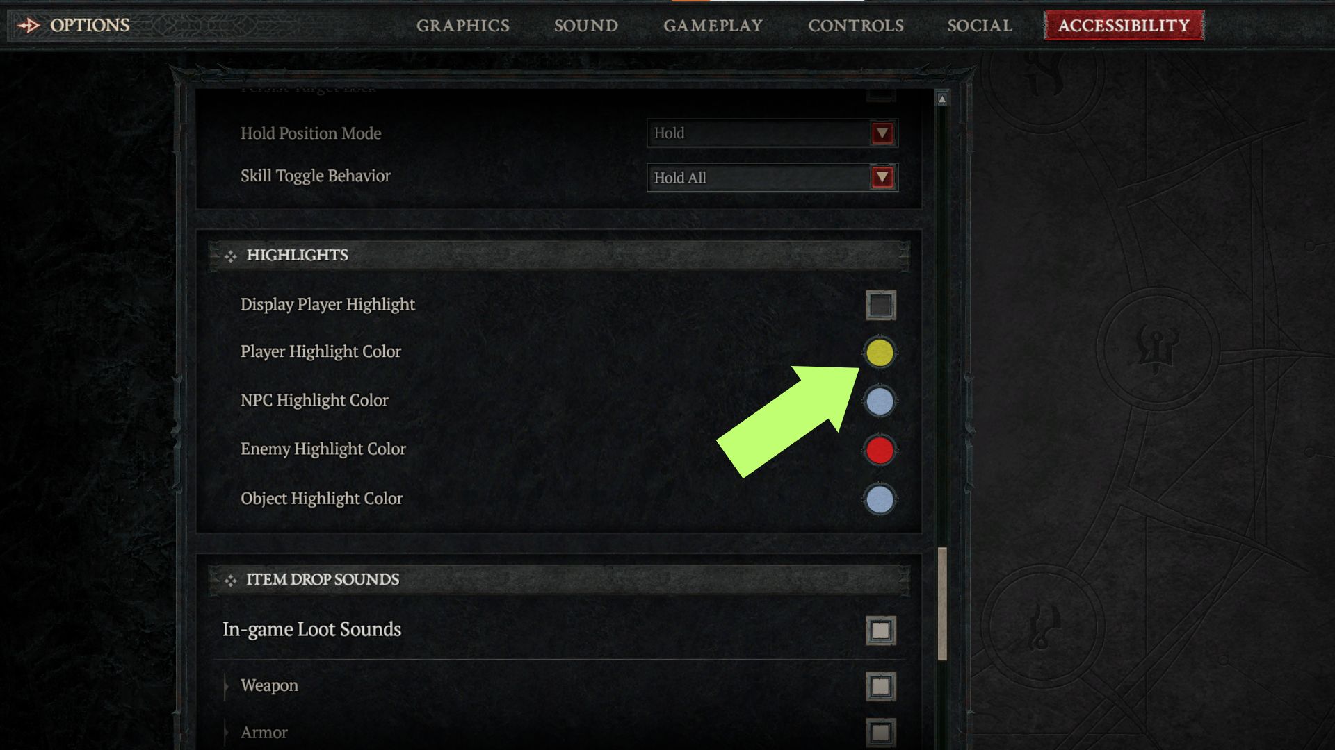 Select the Player Highlight Color you want in Diablo 4