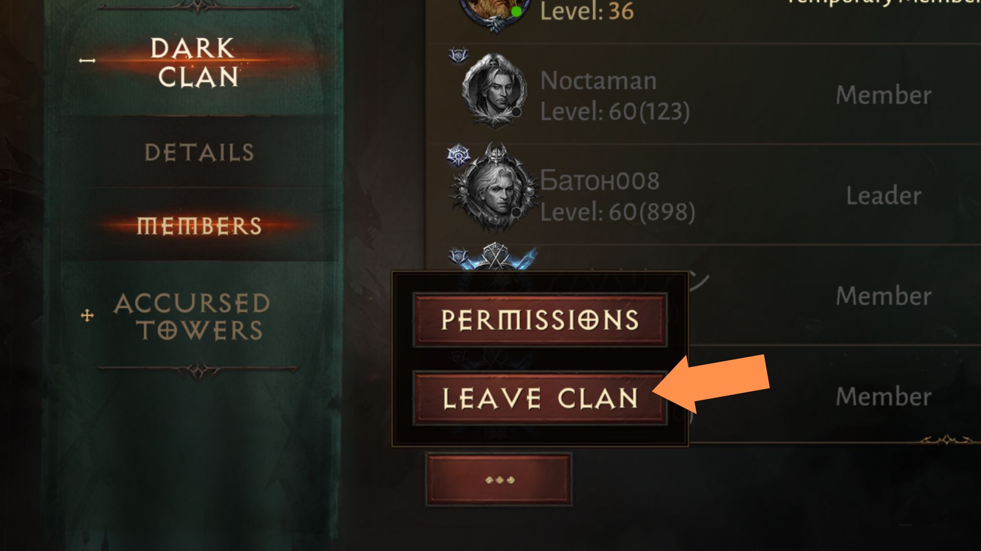 Choose the Leave Clan option to leave your clan in Diablo Immortal. 