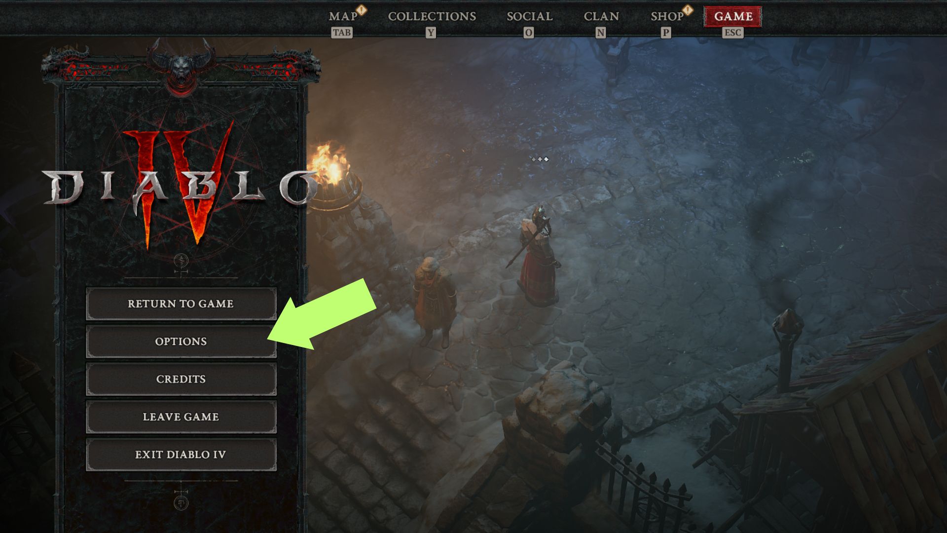 A screenshot showing the Options section on the Diablo 4 main screen