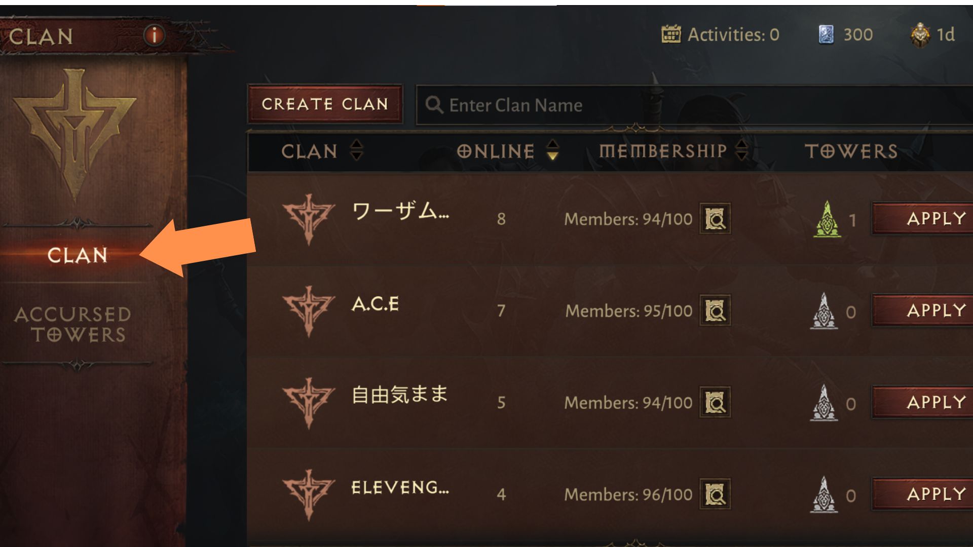 A screenshot showing the Clan main menu in Diablo 4