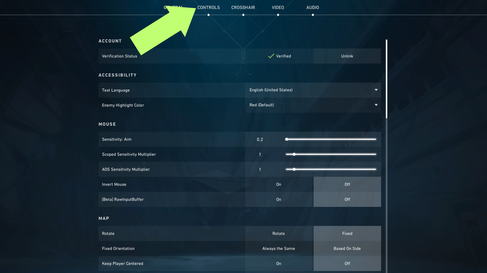 A screenshot of the settings menu in Valorant