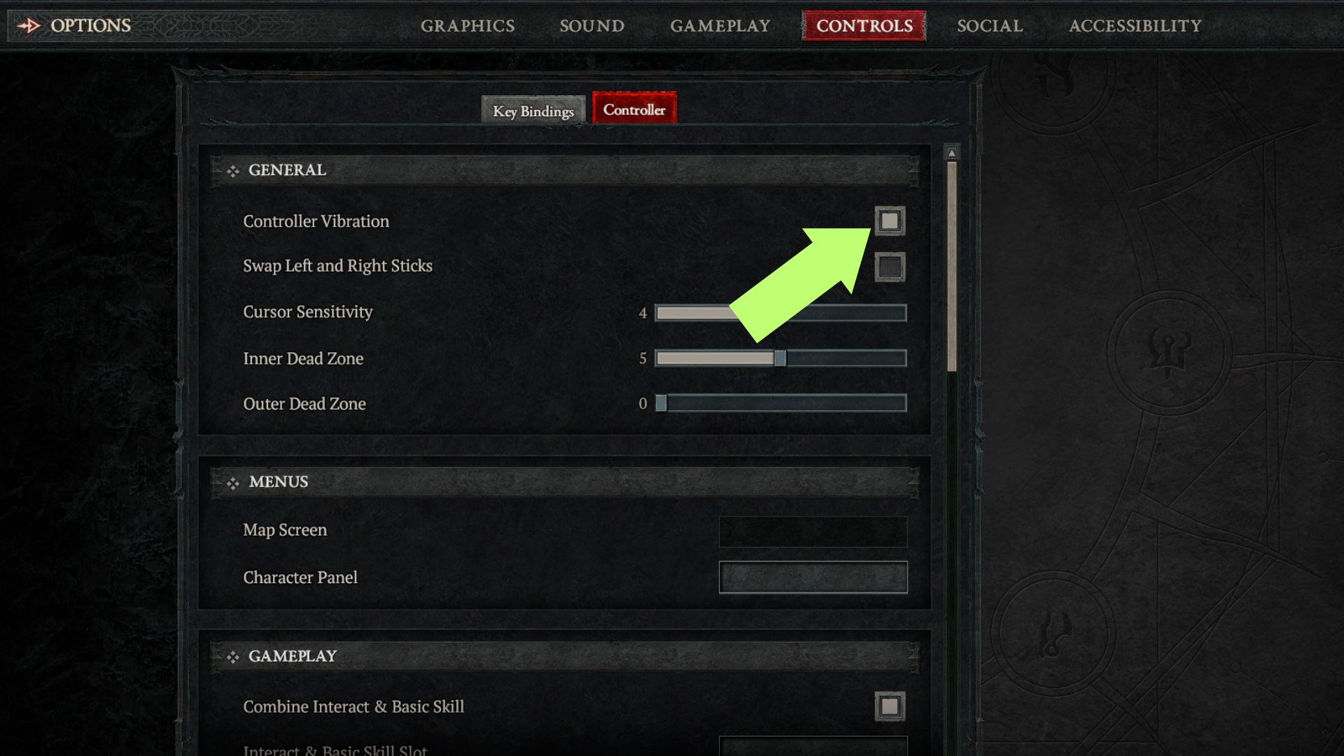 Uncheck the Controller Vibration option to turn of vibrations in Diablo IV.