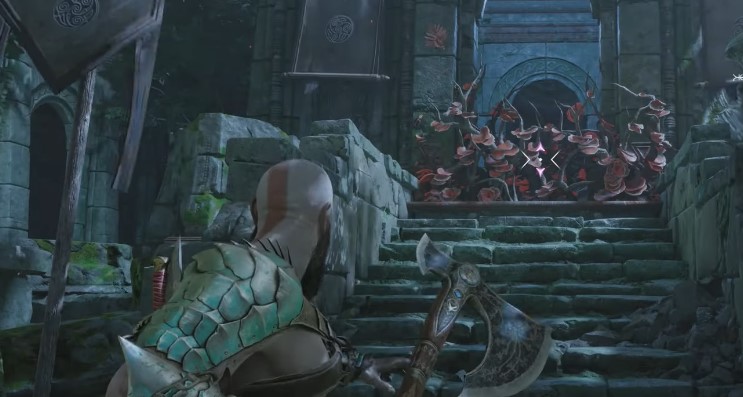 A screenshot of a chest covered in mushroom vines in God of War: Ragnarok