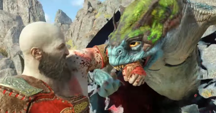 A screenshot of Kratos fighting against a large dragonlike creature in God of War: Ragnarok