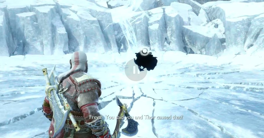 A screenshot of the Midgard Rift next to Thor's Frozen Thunderbolt in God of War: Ragnarok