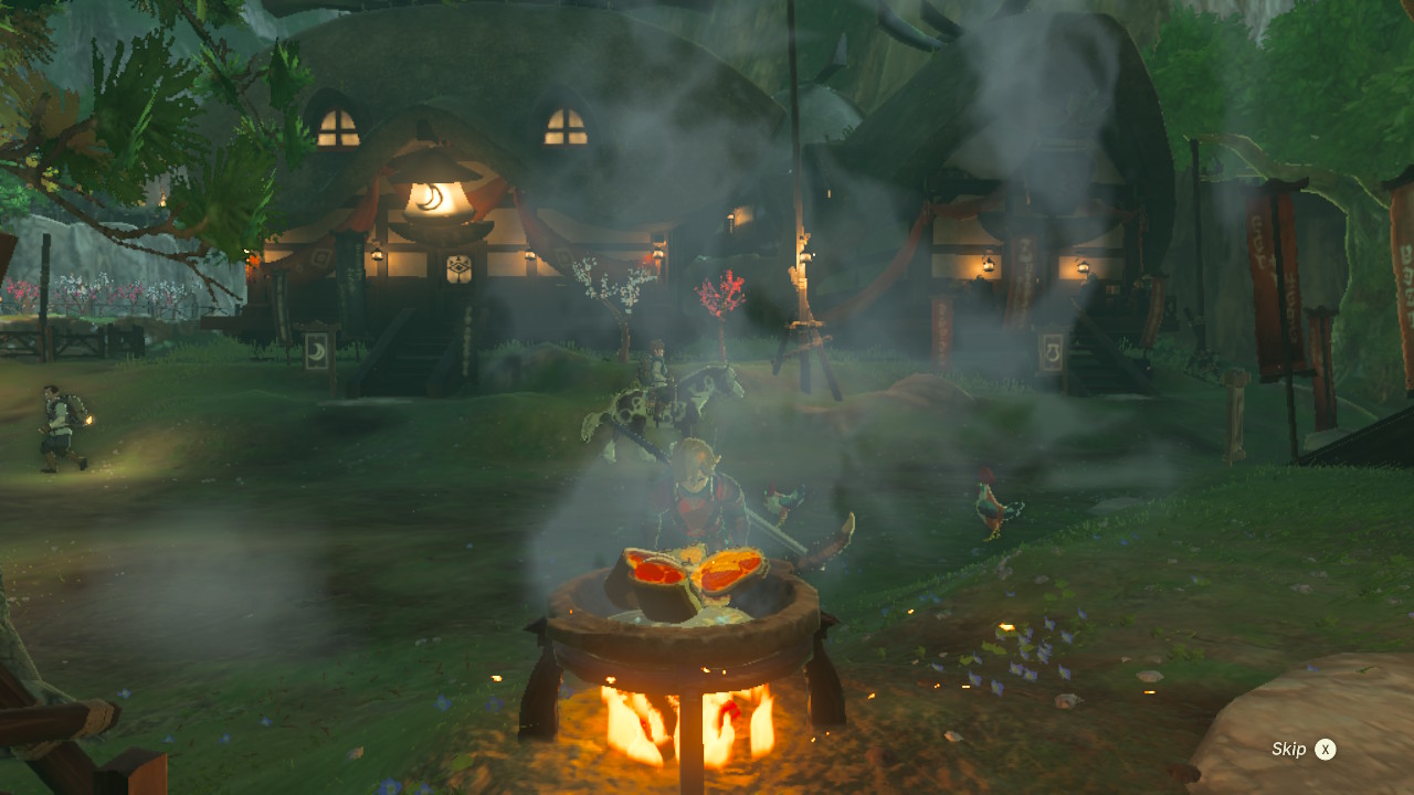 A screenshot showing Link cooking Meat Skewers in Tears of the Kingdom