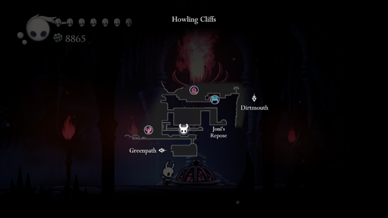 A screenshot of Grimm's location pinned on the map in Hollow Knight