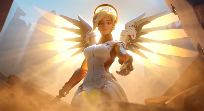 A screenshot of Mercy from Overwatch 2 stretching out her hand