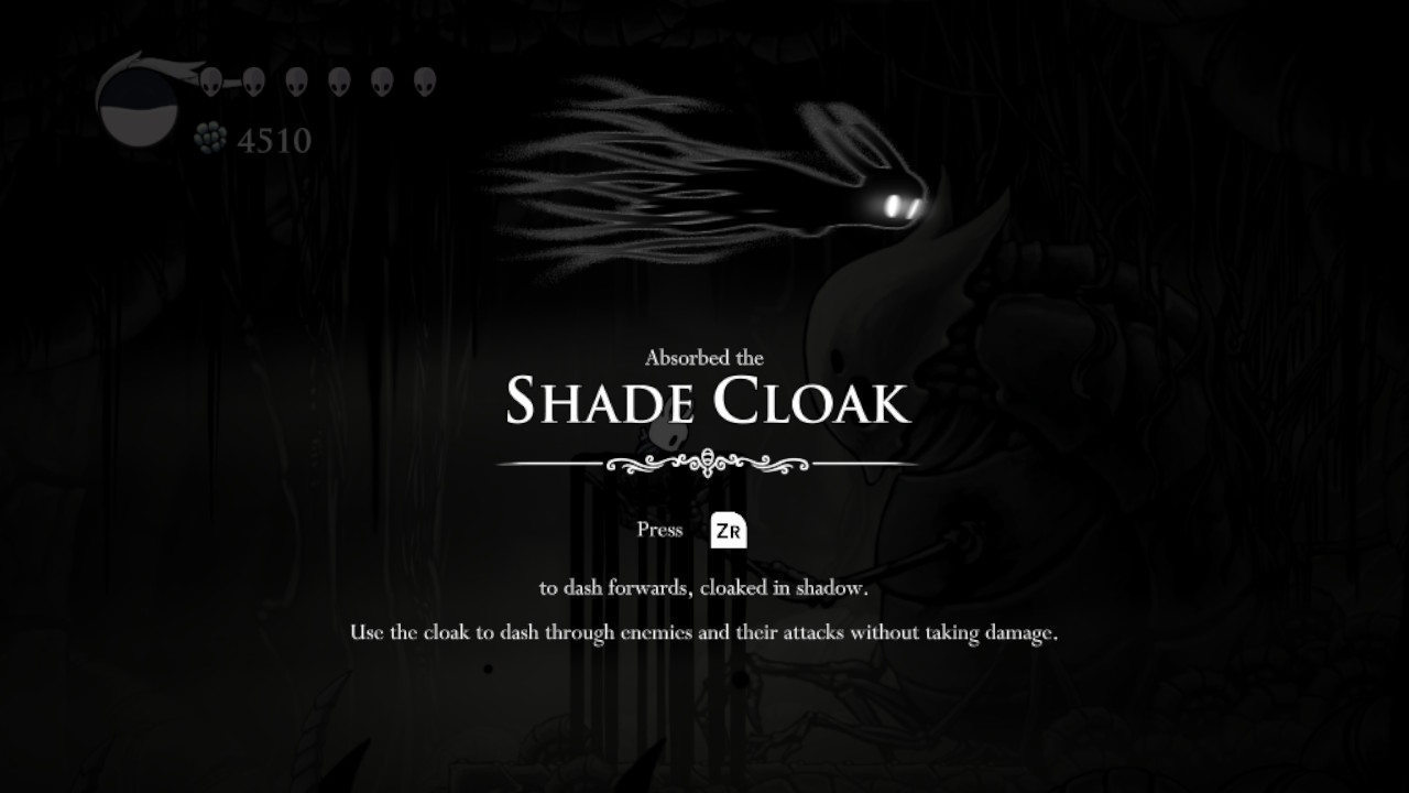 A screenshot of the shade cloak ability in Hollow Knight