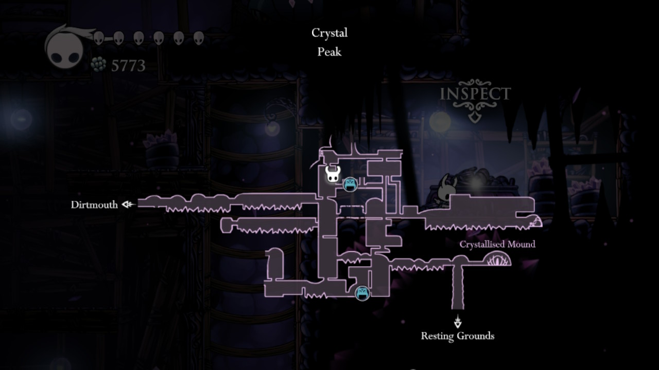 A screenshot showing Crystal Peak on the map in Hollow Knight