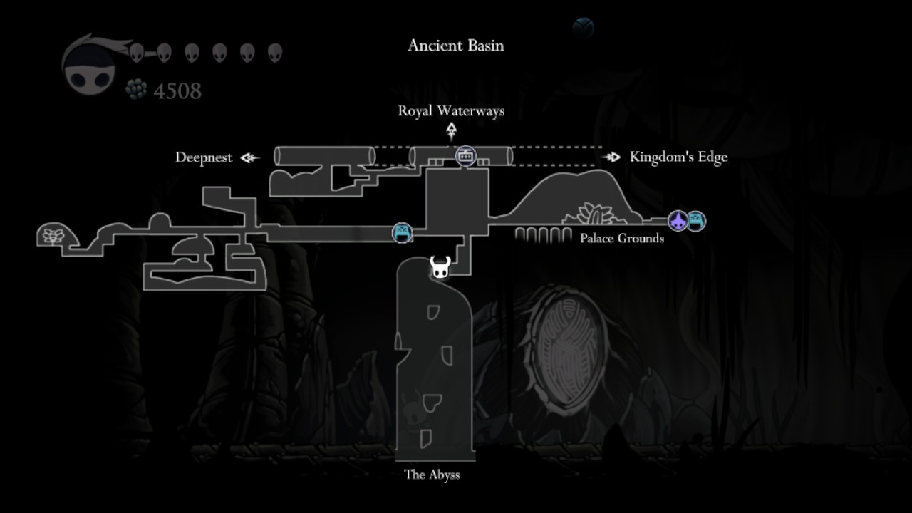 A screenshot of the Hollow Knight map showing how to get into the Abyss