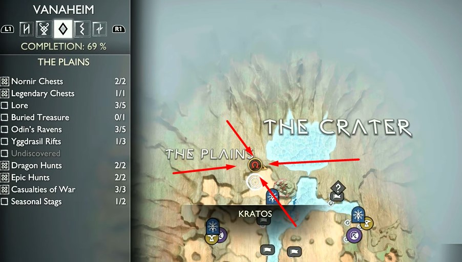 A screenshot showing a Vanaheim Rift on the map in God of War: Ragnarok