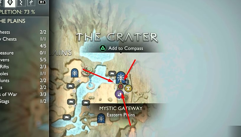 A screenshot showing a Vanaheim Rift on the map in God of War: Ragnarok