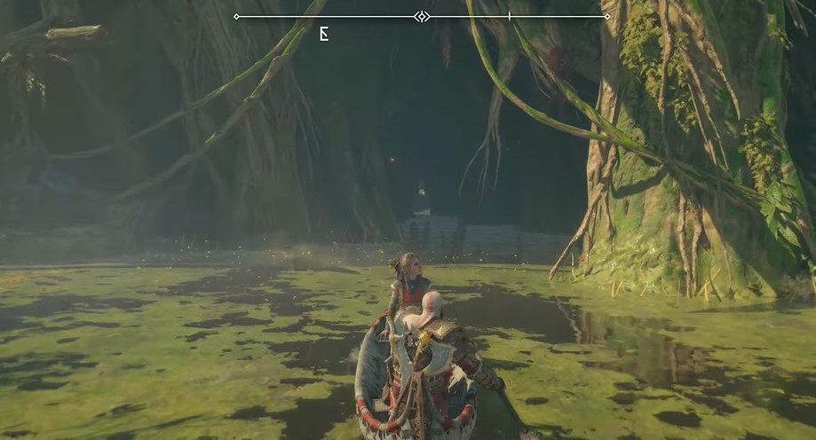 A screenshot showing Kratos riding a boat through a swamp in God of War: Ragnarok