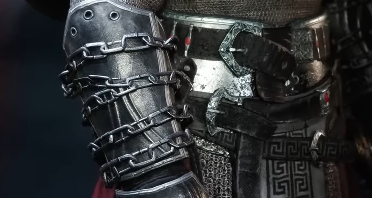 A screenshot of the armpiece belonging to the Zeus Armor Suit in God of War: Ragnarok