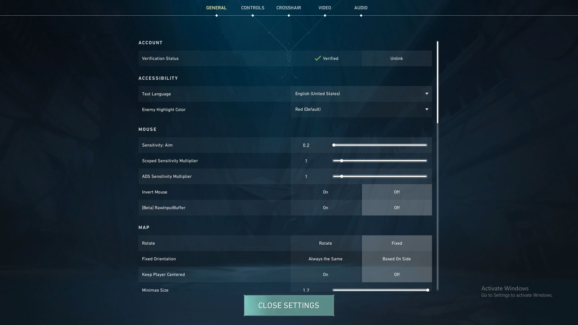 A screenshot showing the settings menu in Valorant