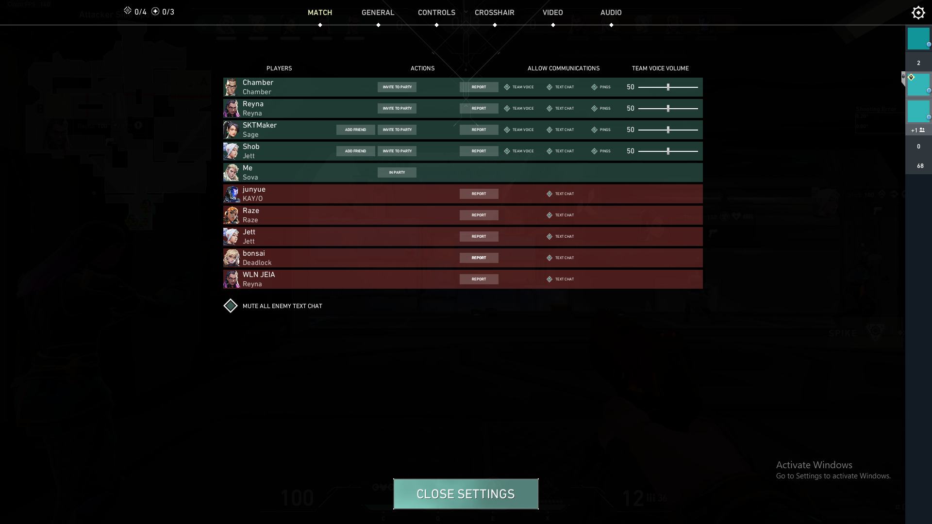 A screenshot showing the teammates screen in Valorant