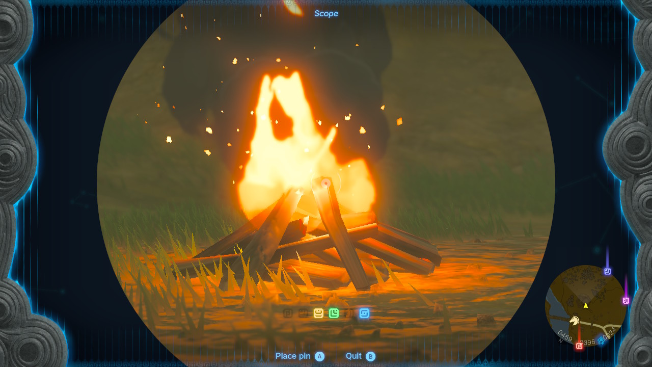 A screenshot showing a campfire in Tears of the Kingdom