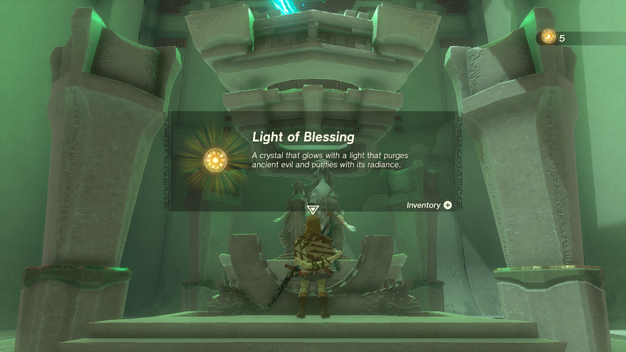 A screenshot showing the Light of Blessing in Tears of the Kingdom