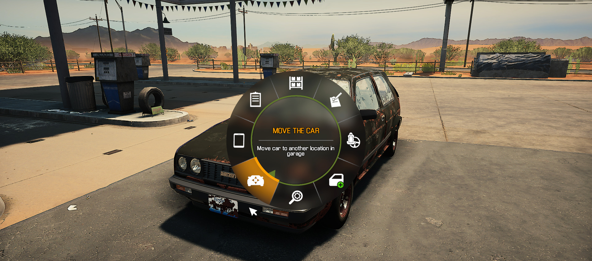 A screenshot showing the Move the Car command on the Pie Wheel in Car Mechanic Simulator