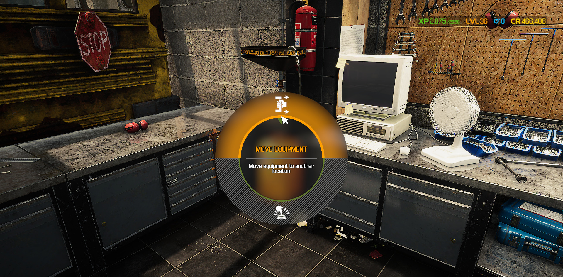 A screenshot showing the Move Equipment command on the Pie Wheel in Car Mechanic Simulator