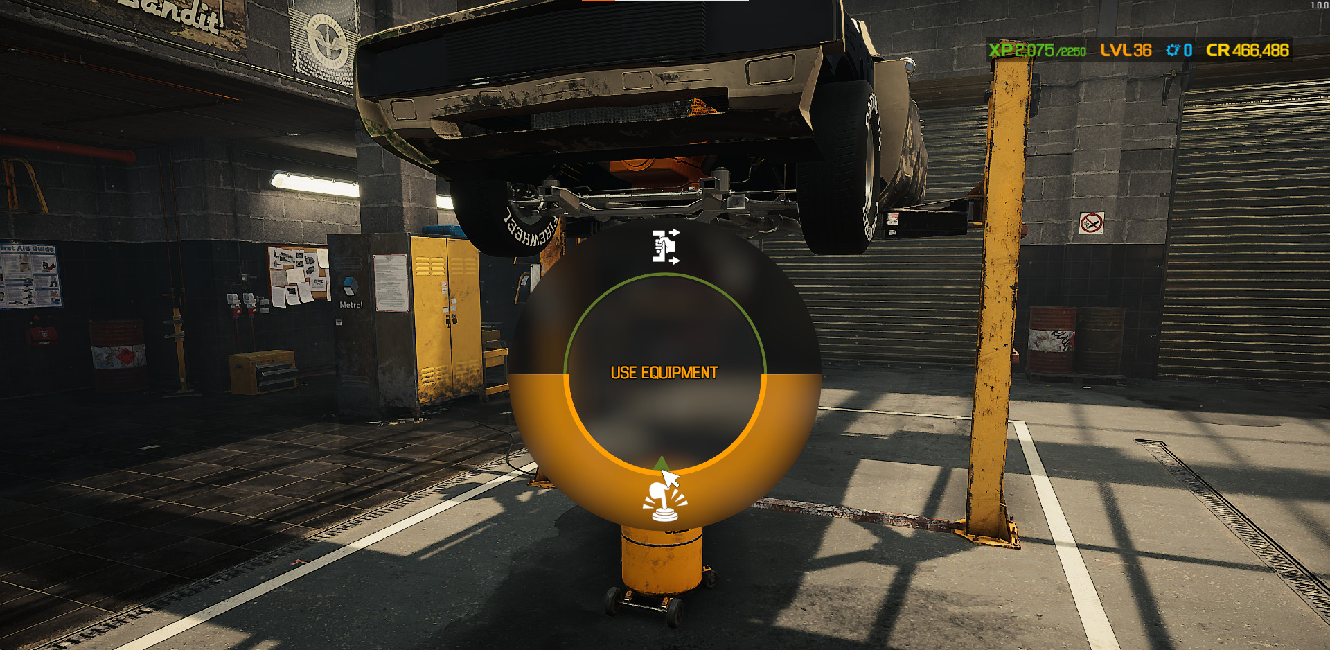 A screenshot showing the Use Equipment command on the Pie Wheel in Car Mechanic Simulator