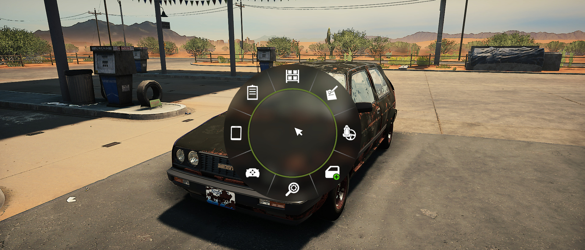 A screenshot showing the Pie Menu in Car Mechanic Simulator