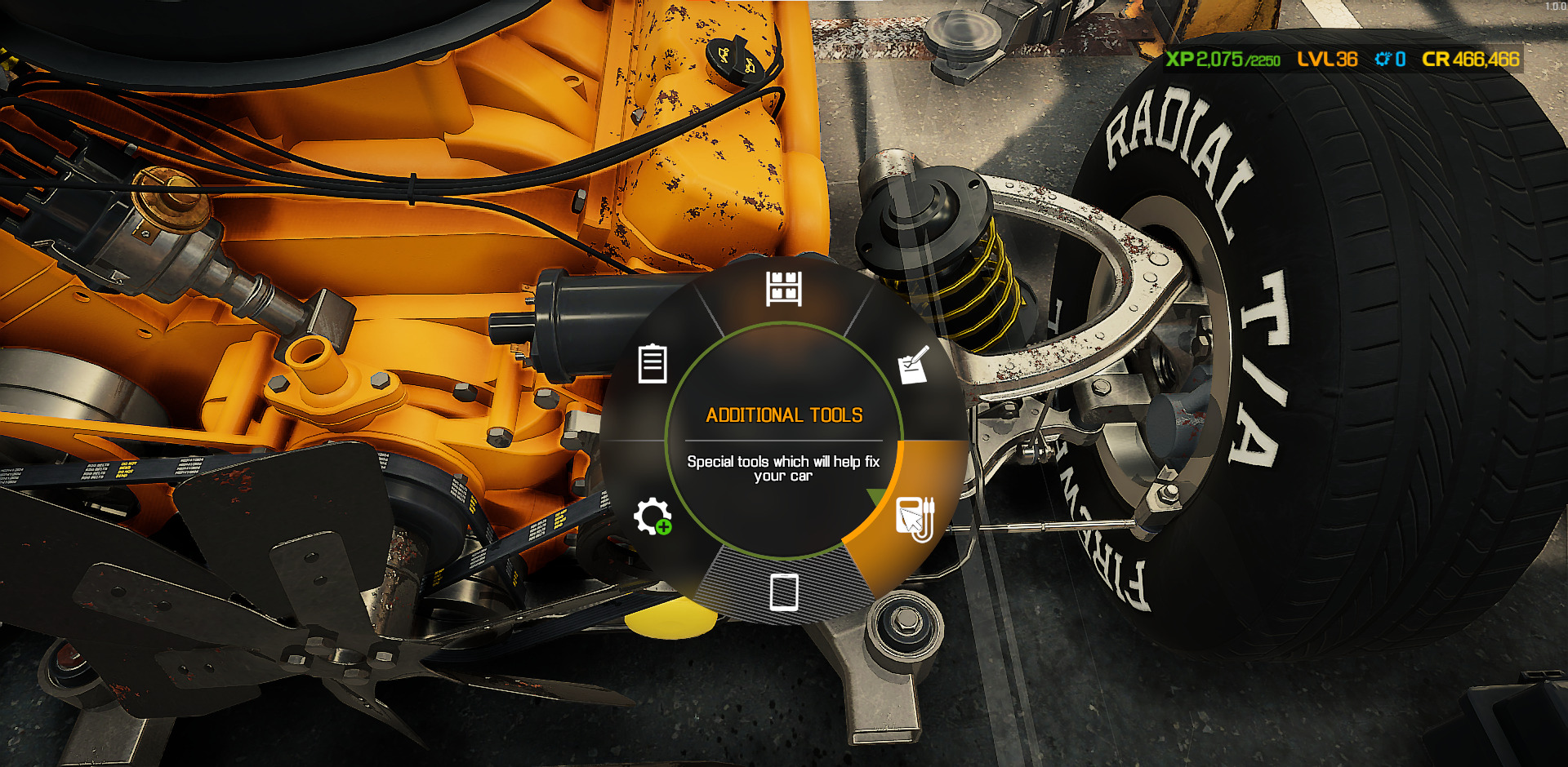 A screenshot showing the Additional Tools command on the Pie Wheel in Car Mechanic Simulator