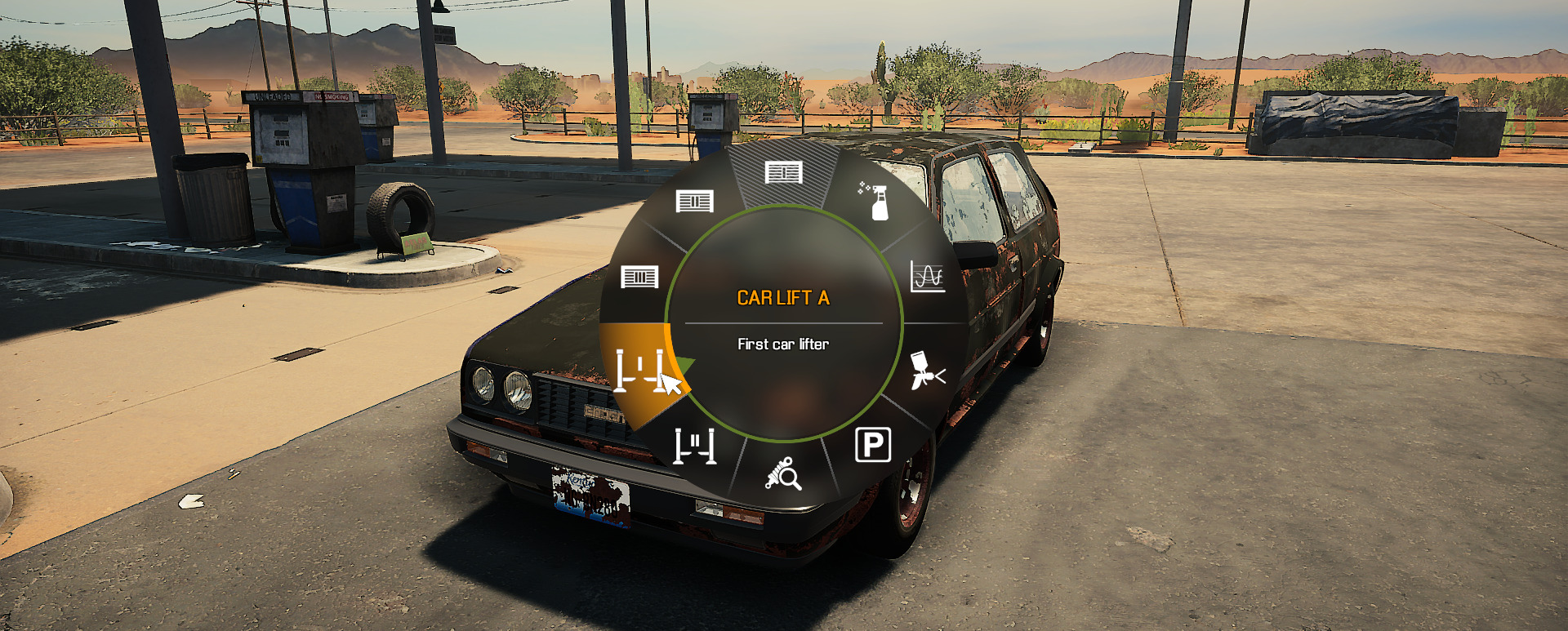 A screenshot showing the Car Lift A command on the Pie Wheel in Car Mechanic Simulator