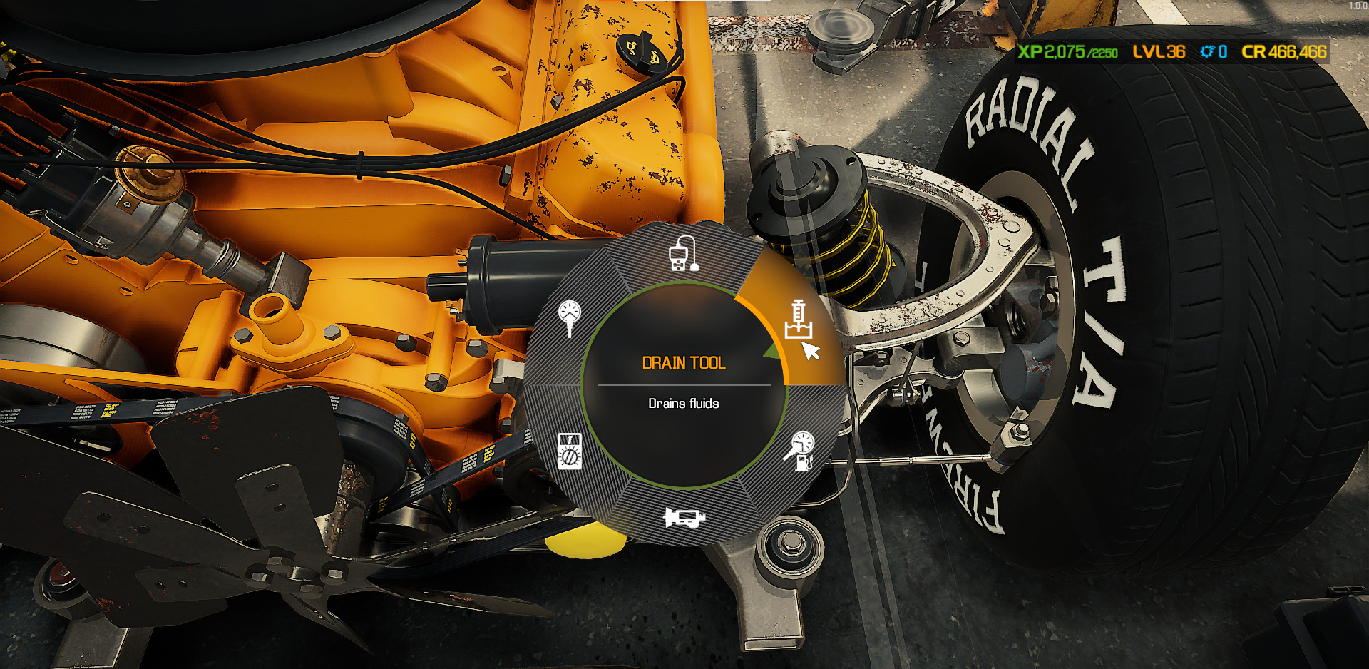 A screenshot showing the Drain Tool command on the Pie Wheel in Car Mechanic Simulator