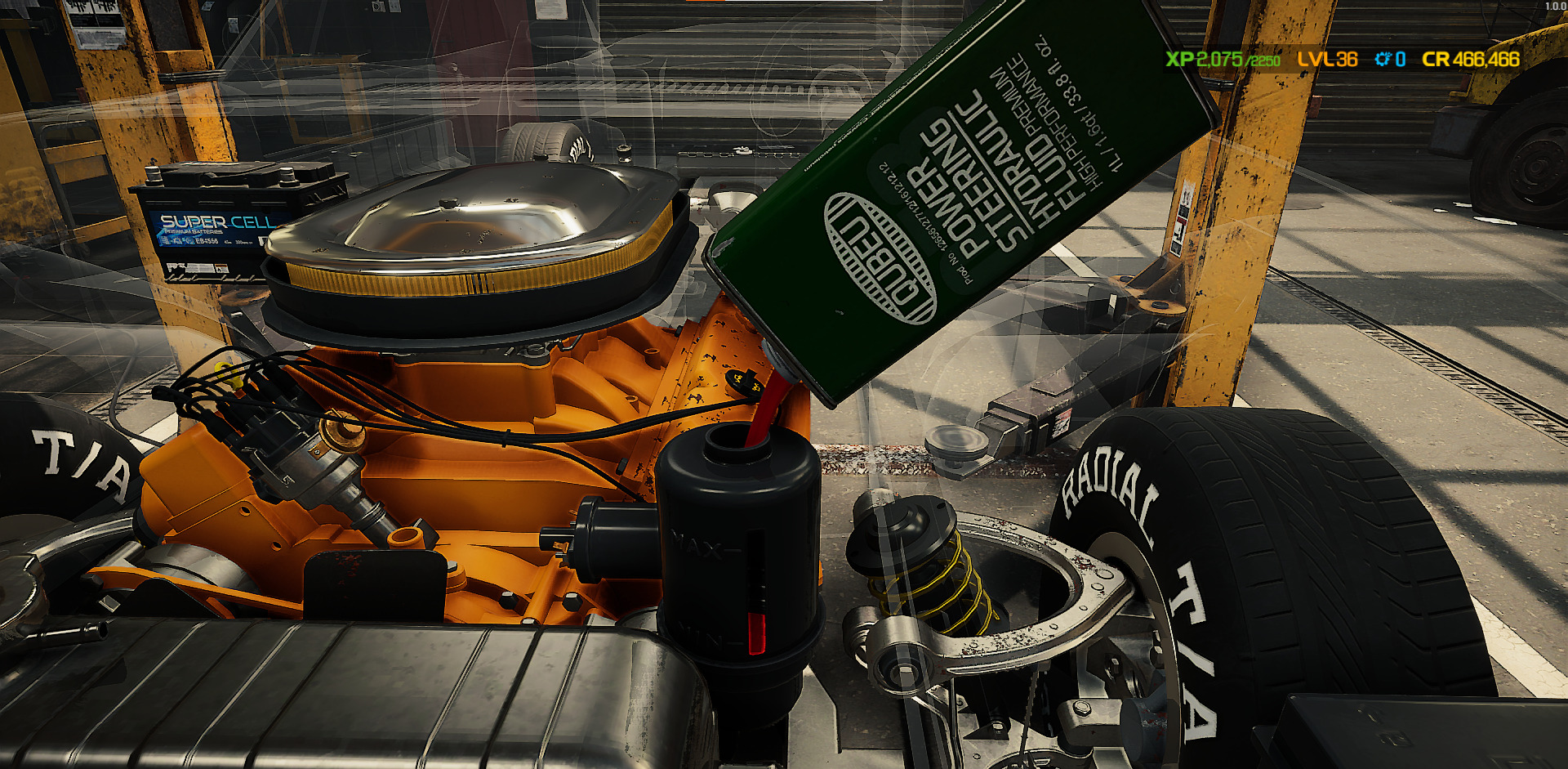 A screenshot adding Power Steering Hydraulic Fluid in Car Mechanic Simulator