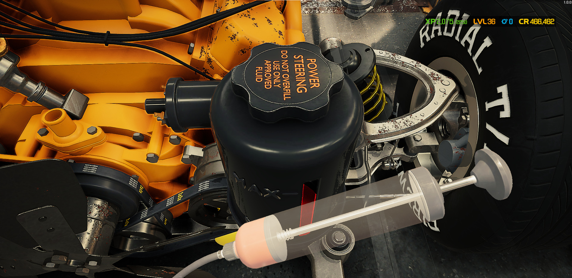 A screenshot showing the player filling fluids in Car Mechanic Simulator