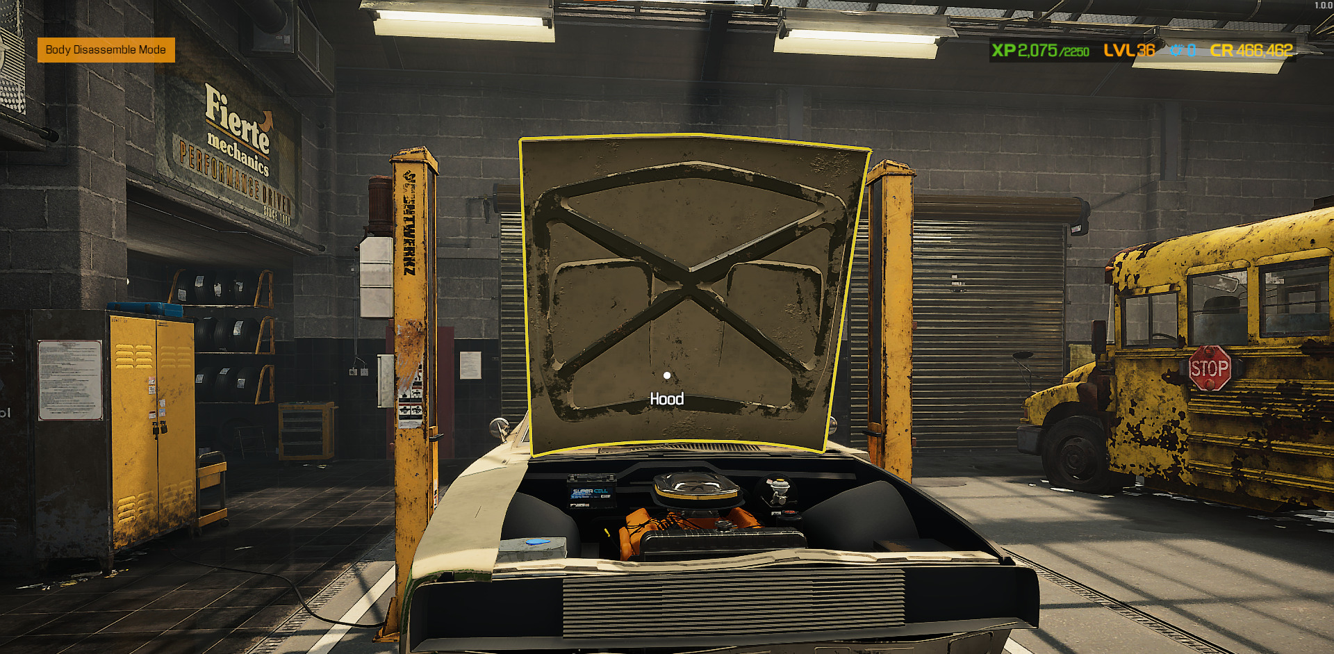 A screenshot showing the car hood open in Car Mechanic Simulator