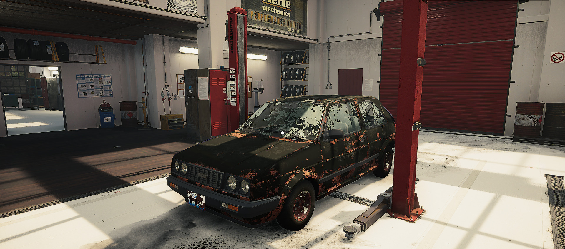 A screenshot showing the car on the car lift in Car Mechanic Simulator