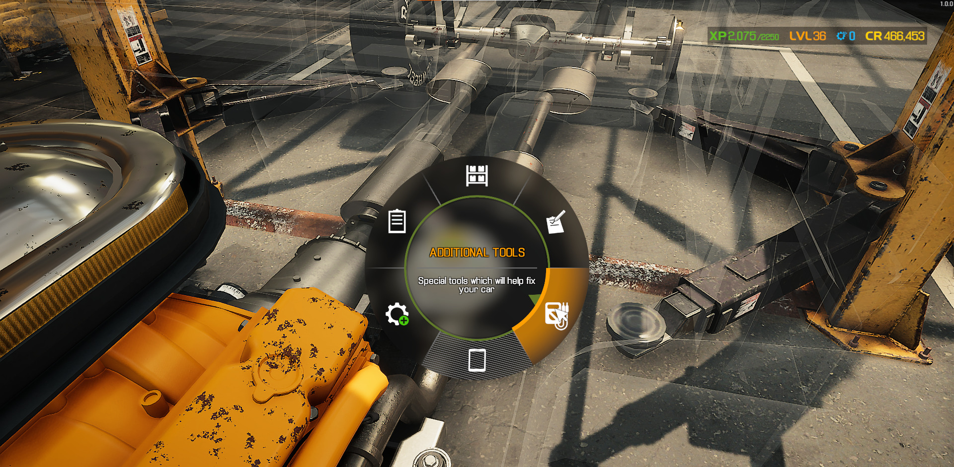 A screenshot showing the "Additional Tools" option in the Pie Menu in Car Mechanic Simulator