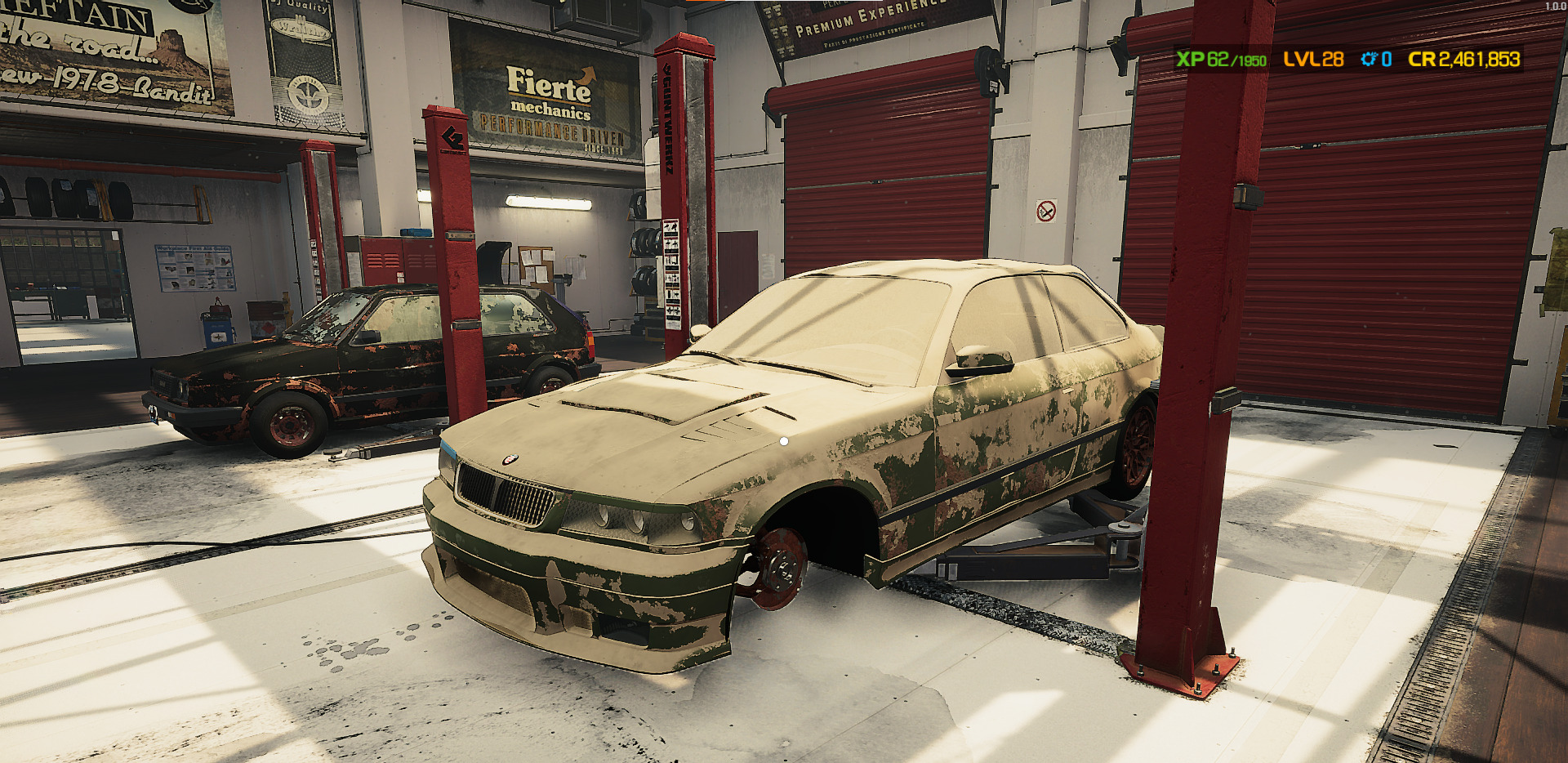 A screenshot showing a car on the car lift in Car Mechanic Simulator