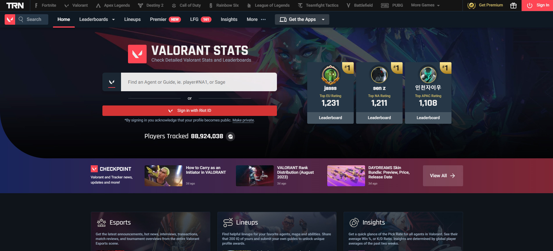 A screenshot showing the Tracker.gg main screen