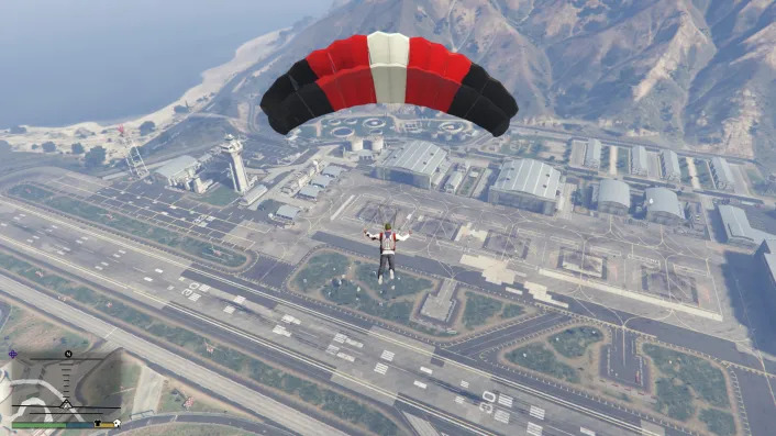 Parachute into the base and steal a jet in GTA V. 