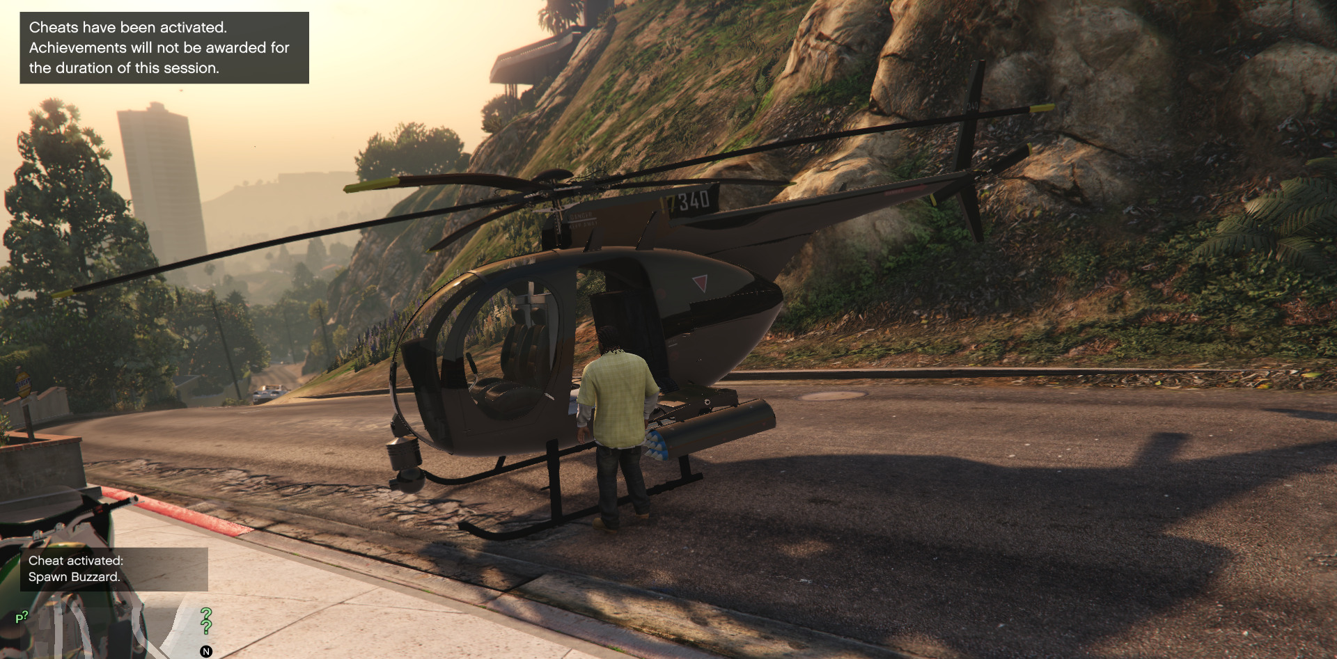 A screenshot showing Franklin getting into the helicopter in GTA 5