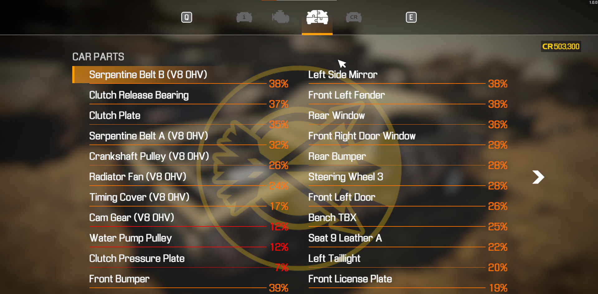 A screenshot showing the car parts menu for a car in Car Mechanic Simulator