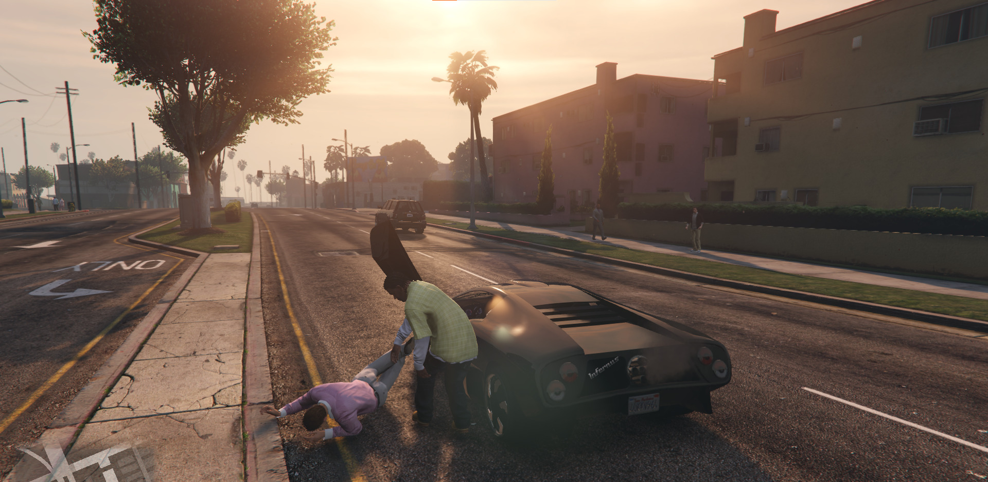 A screenshot showing Michael throwing someone out of a car in GTA 5