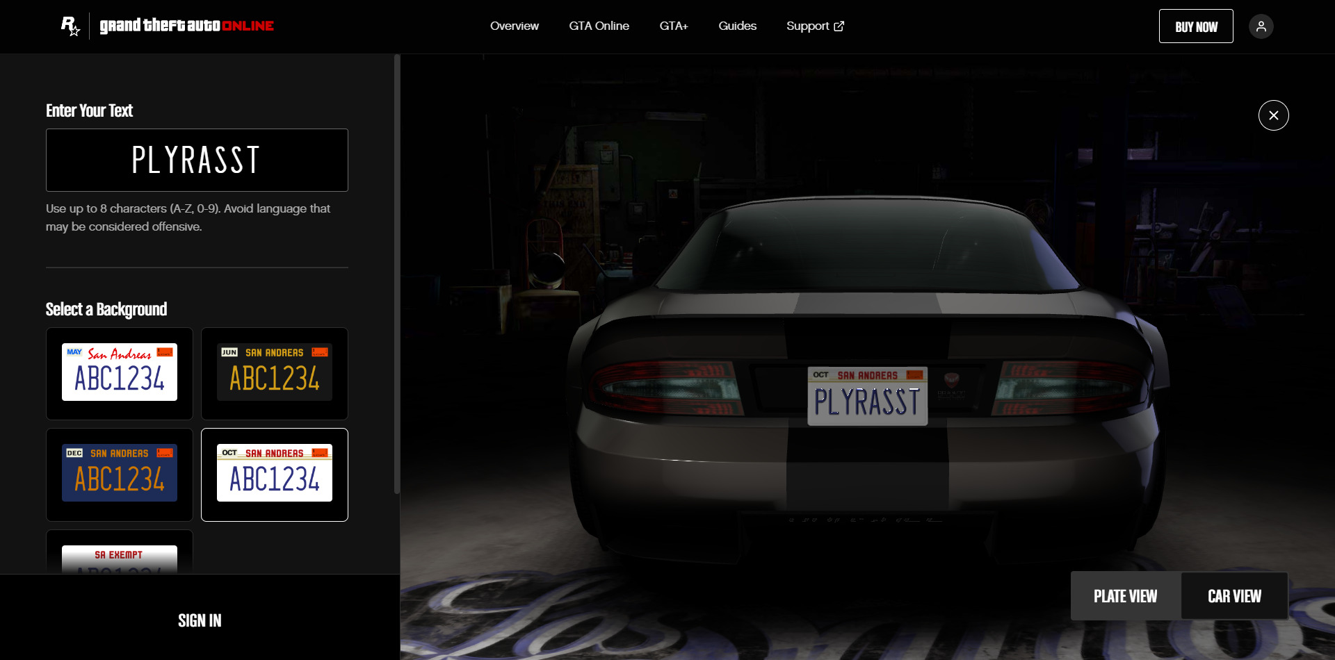 A screenshot of the license plate creator in Grand Theft Auto Online