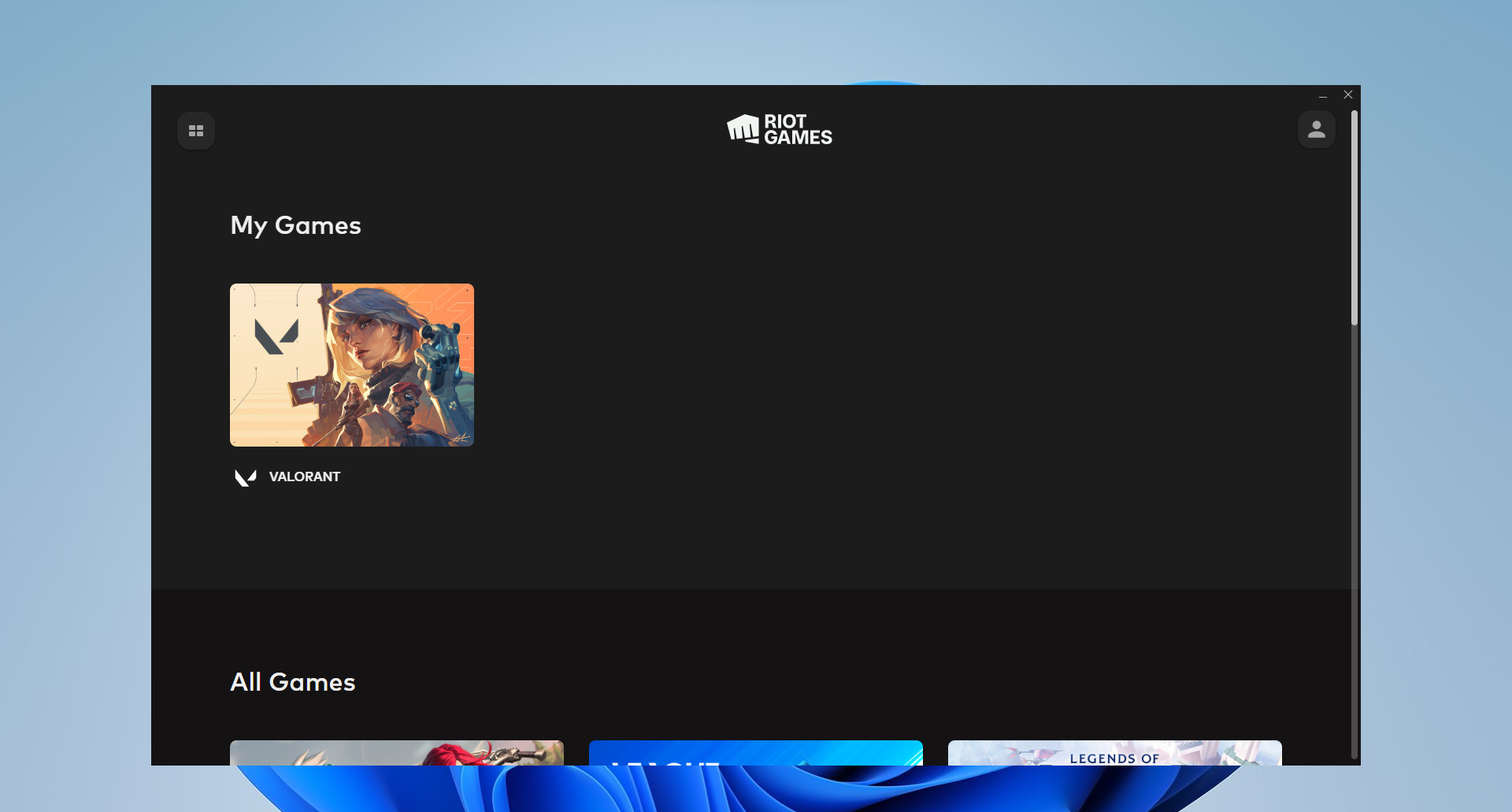 A screenshot of the Riot Games screen