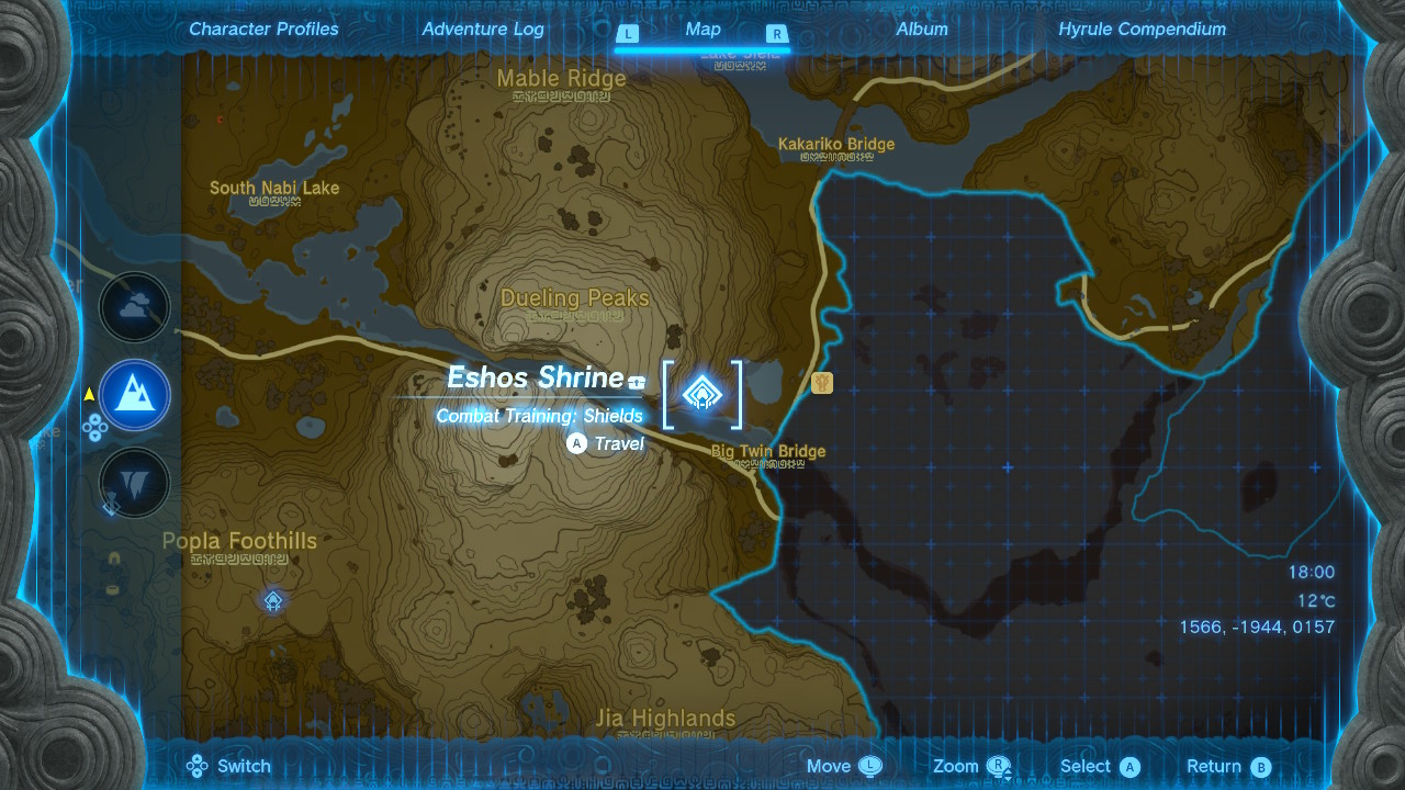 A screenshot shows where to find the Eshos Shrine in Tears of the Kingdom