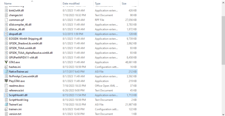 A screenshot showing where to find the ScriptHookV file in your GTA 5 folder