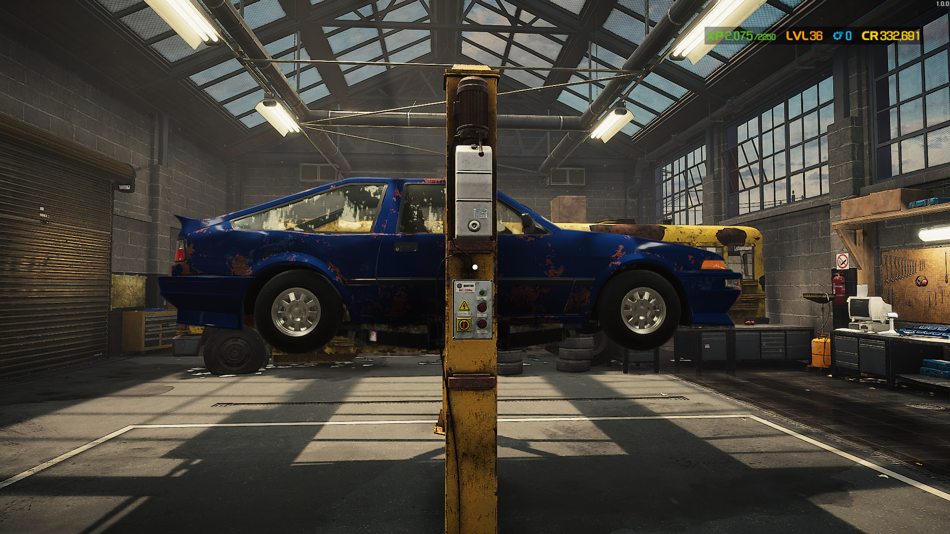 A screenshot showing a car on the lift in Car Mechanic Simulator