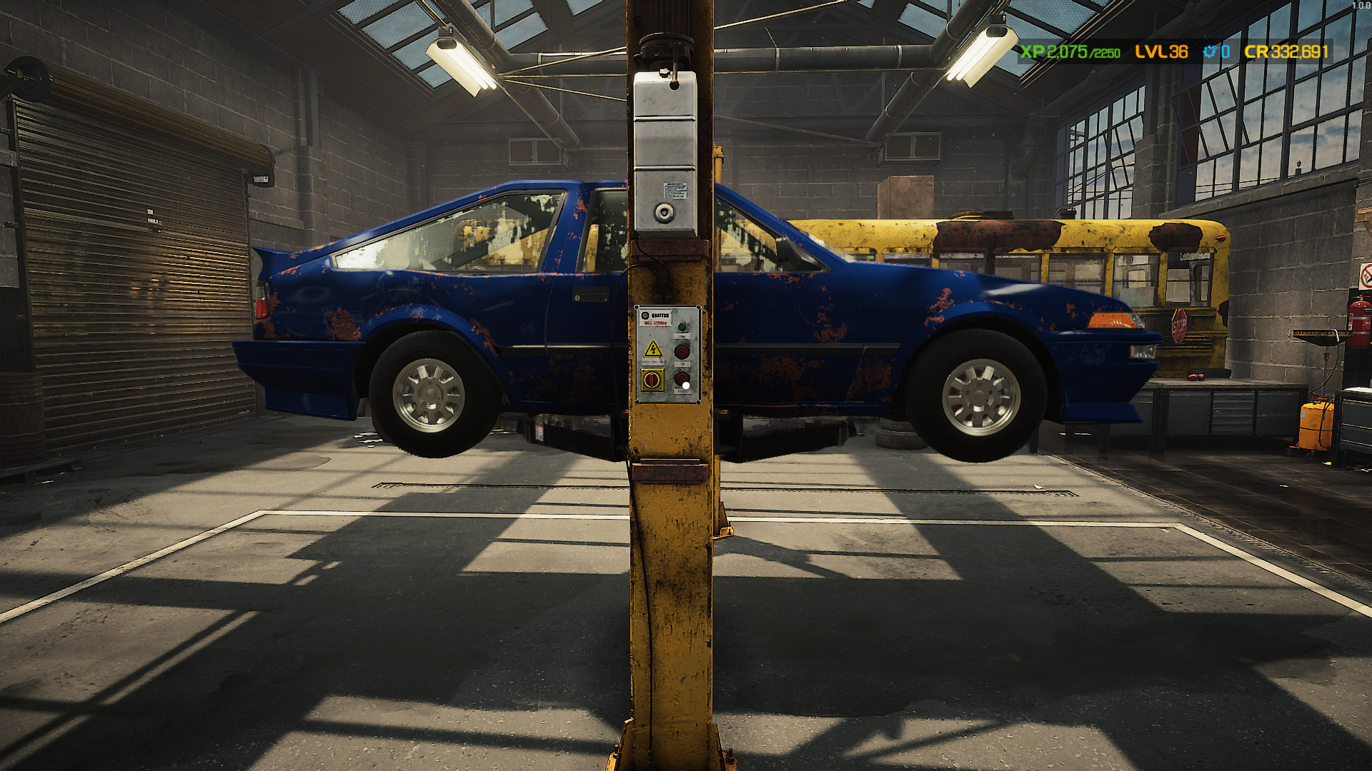 A screenshot showing a car on the Car Lift in Car Mechanic Simulator