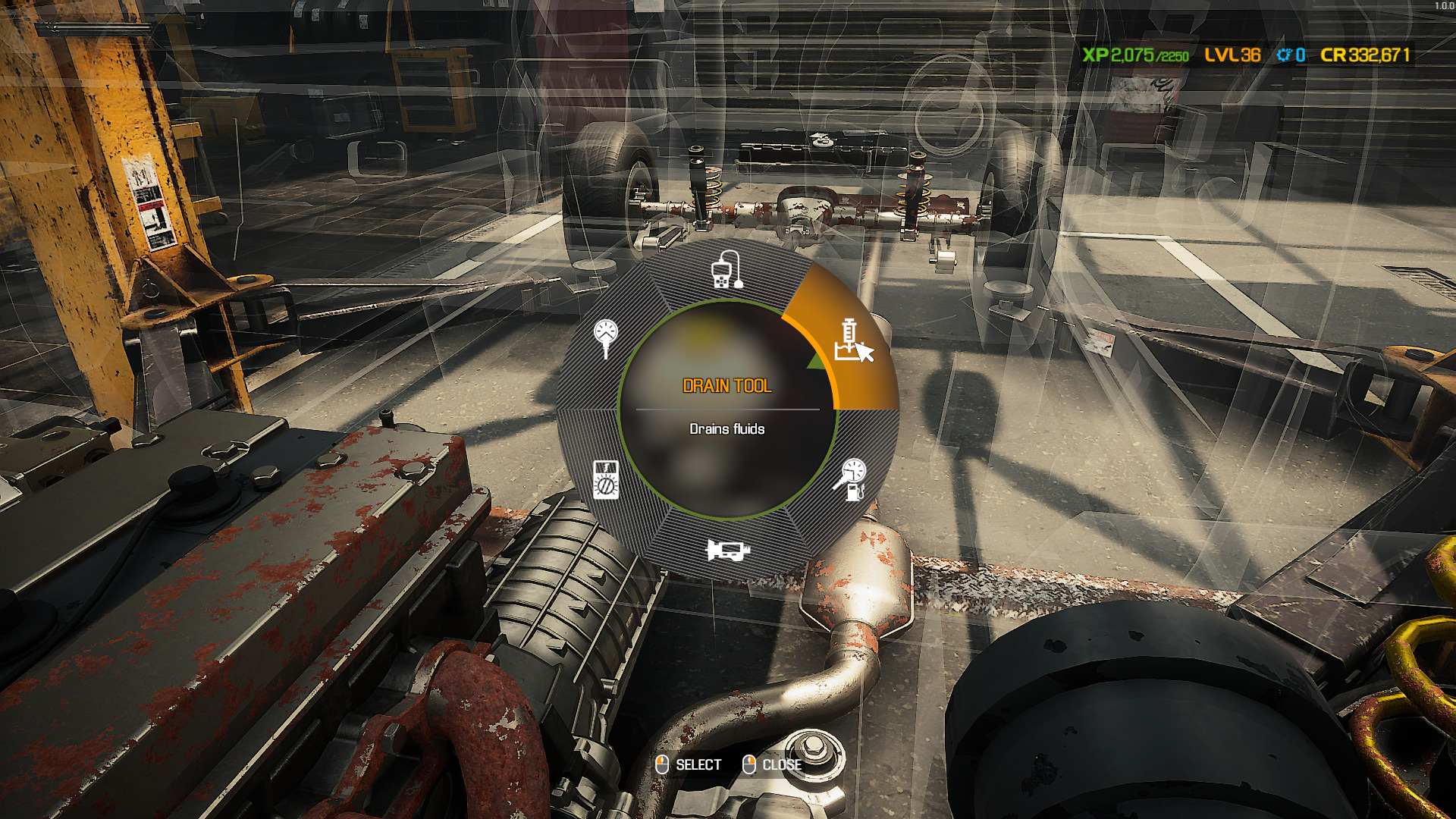 A screenshot showing the Drain Tool in the Pie Menu in Car Mechanic Simulator